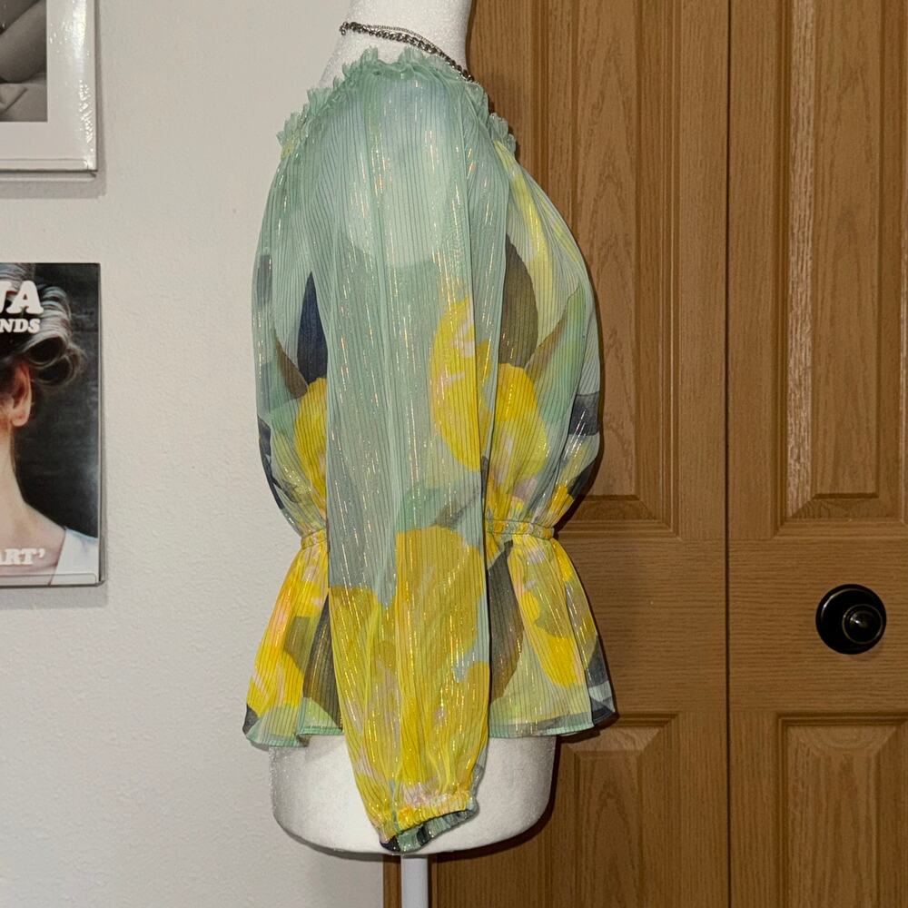 White Houses Black Market Off Shoulder Blouse Size XS Boho Fairy Yellow Teal - Picture 3 of 10